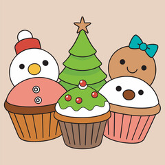 Festive christmas cupcakes with cute faces and holiday decorations on beige background
