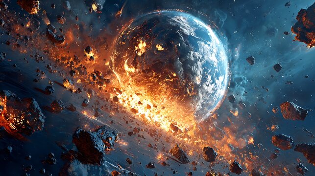 A breathtaking digital rendition of a celestial body undergoing a cataclysmic fiery destruction, with fragments scattering across the dark expanse of space, symbolizing cosmic power and collapse