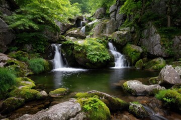 Tranquil cascading waterfall nestled amidst lush greenery and gray stones.