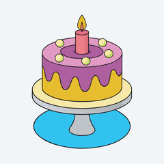 A decorated birthday cake with candle on a cake stand for celebration