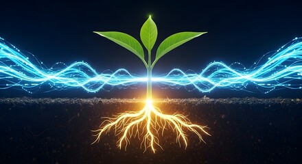 Plant seedling growing from glowing roots in the soil with an electric blue energy wave flowing overhead. Concept of bio-energy, sustainable power, ecological innovation, and natural resources