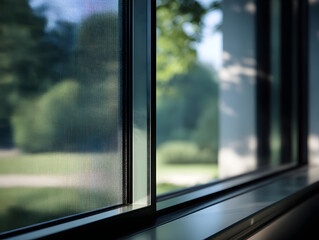 Open modern window with thermochromic glass, sunlight filtering through, green garden view, energy efficient, peaceful atmosphere, contemporary home, clear reflection