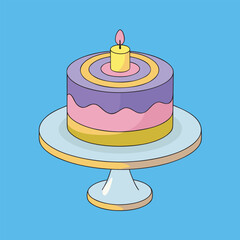 A cake with a candle on a stand with a blue background