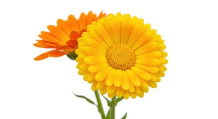 Two bright orange calendula flowers isolated on white background