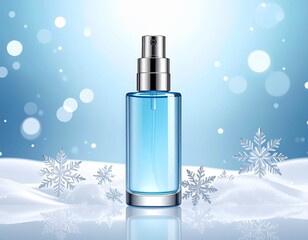 ブルーの香水スプレーボトルと雪の結晶が演出する冬の爽やかなフレグランスデザイン｜香水,コスメ,美容,冬,雪