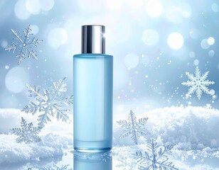 ブルーの化粧水ボトルと雪の結晶が彩る冬の透明感デザイン｜化粧品,コスメ,美容,冬,雪