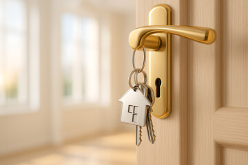 Close up of house shaped keychain with keys in modern golden door lock showing real estate ownership property security