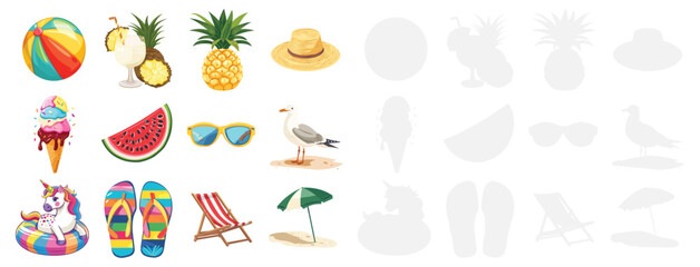 summer beach vacation vector set with tropical fruits, ice cream, sunglasses, flip flops, beach ball, umbrella, seagull and holiday elements