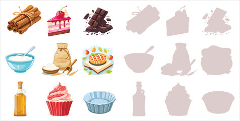 Baking ingredients and dessert set vector illustration collection of cinnamon, chocolate, flour, sugar, oil, yogurt, pie, cupcake, cake slice, baking mold isolated on white background
