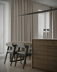Modern dining area with wooden kitchen island, chairs, and large windows with curtains.