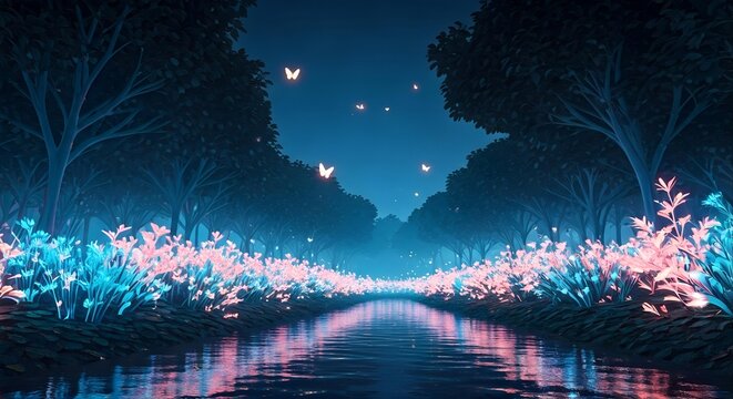 Enchanted Bioluminescent Forest Pathway with Glowing Flora and Fireflies