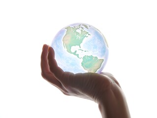 illustration of a human hand silhouette holding a glowing crystal Earth with a soft ozone protective ring around it. Clean white background 