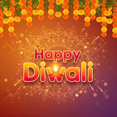 Happy Diwali Greeting with a Golden Diya and Marigold Garlands
