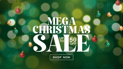 Merry Christmas sale promotion poster banner with night bokeh and festive decoration bell and balls background. Christmas Sale banner  bokeh decoration background.