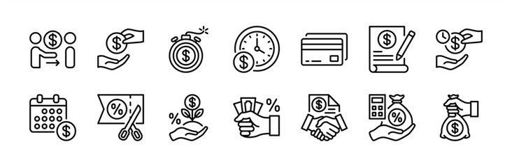 Credit thin line icon set. Contains loan, financing, lender, time limit, card, money contract agreement, deadline, calculation, timetable, refund calendar schedule, interest fund reduction - vector