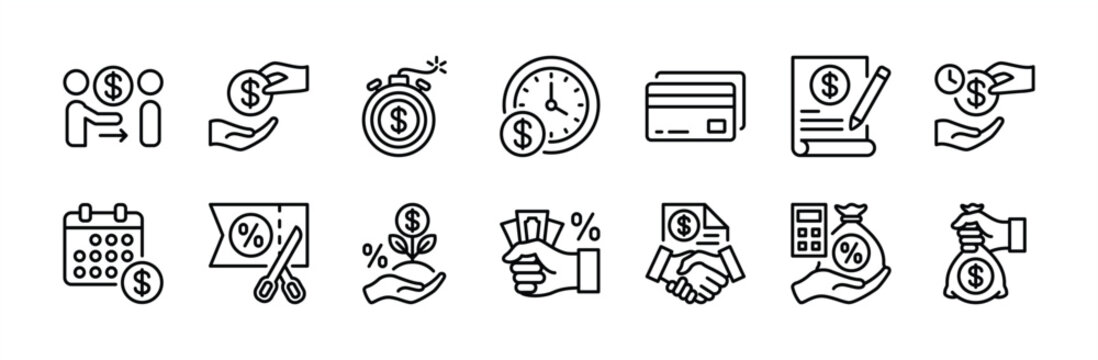 Credit thin line icon set. Contains loan, financing, lender, time limit, card, money contract agreement, deadline, calculation, timetable, refund calendar schedule, interest fund reduction - vector