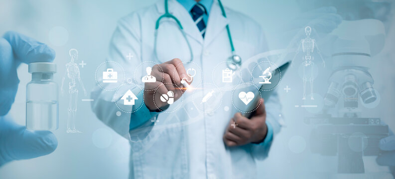 Modern healthcare innovation with doctor, stethoscope, vaccine vial and digital medical icons, representing medicine, vaccination, healthcare technology, diagnostics and future medical research