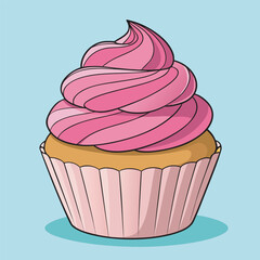 A delicious cupcake with pink frosting and a golden base illustration