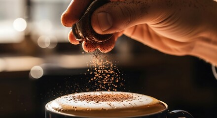 Barista hand sprinkling cocoa powder over frothy cappuccino, cinematic side lighting with falling powder highlights, blurred warm café background, artisan coffee photography for lifestyle themes