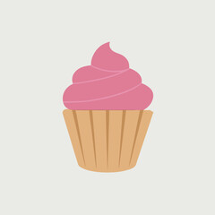A delightful pink cupcake with a swirl of frosting on a beige background