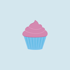 A delightful cupcake with pink frosting and a blue wrapper on light blue background