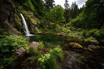 A tranquil waterfall cascades into a serene pool nestled within a lush green forest.