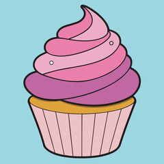 A colorful cupcake with pink frosting and a black outline on blue background