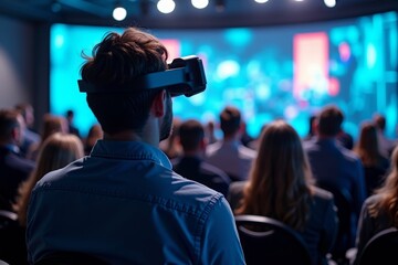 Photographer captures holographic projection of virtual audience watching live conference through futuristic AR headset.