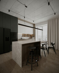 Elegant kitchen interior with island, high stools, and soft ambient lighting.