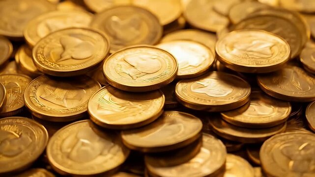 Pile of Shiny Gold Coins with Ornate Engravings in Warm Lighting Close Up