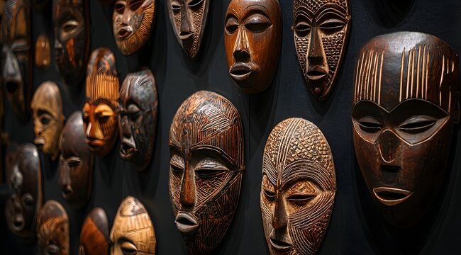 A collection of traditional wooden masks with intricate carvings and colorful designs displayed on a dark wall, representing cultural art, heritage, and craftsmanship.