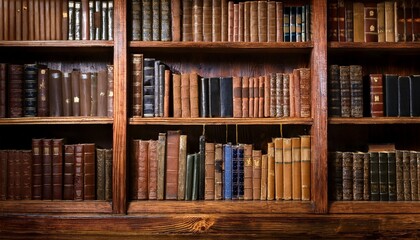 a vintage wooden bookshelf with old books vertical background