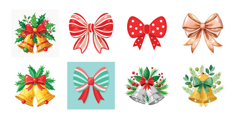 Watercolor christmas bows and bells isolated on white background