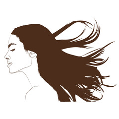 This photo depicts a stylized profile of a woman with her eyes closed, her long, dark hair flowing dynamically to her right as if caught by a strong wind.