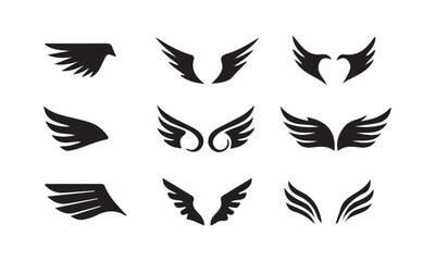 wings icon set. Various artistic wing illustrations. bird. angel. bat. eagle. black wings badge design for emblems. vector illustration eps 10