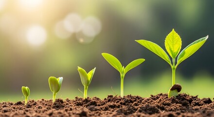 Fototapeta premium Life development and continuous growth progress concept. Stages of natural growth and success. A sequence of small green seedlings growing from a seed in fertile soil outdoors
