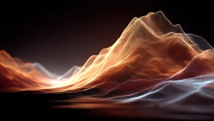 Dynamic digital landscape with vibrant glowing orange peaks against a dark background, representing data flow and technology