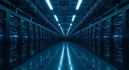 Data Center Corridor Endless Rows of Servers and Network Infrastructure