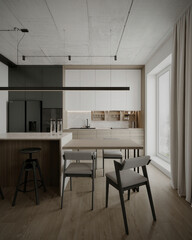 Bright modern kitchen with bar seating, wooden floor, and clean white cabinetry.