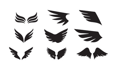 wings icon set. Various artistic wing illustrations. bird. angel. bat. eagle. black wings badge design for emblems. vector illustration eps 10