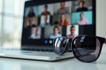 Reflection of Webinar Video Conferencing Session in Stylish Sunglasses near Open Laptop