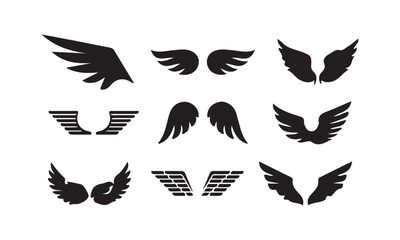 wings icon set. Various artistic wing illustrations. bird. angel. bat. eagle. black wings badge design for emblems. vector illustration eps 10