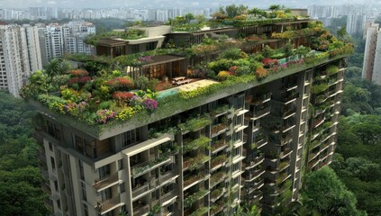 A sustainable high-rise building with extensive green roofs and lush landscaping showcases environmentally conscious design.