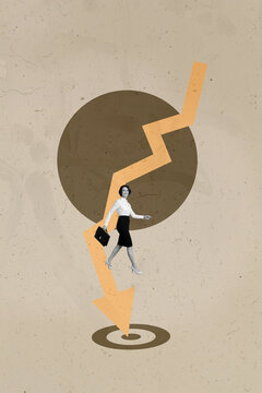 Collage with person observing rising arrow symbolizing startup growth business income statistics trading decrease increase