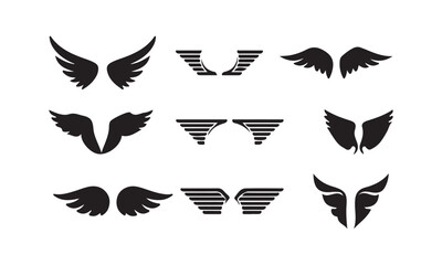 wings icon set. Various artistic wing illustrations. bird. angel. bat. eagle. black wings badge design for emblems. vector illustration eps 10
