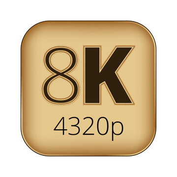8k ultra hd resolution icon with 4320p label in gold.