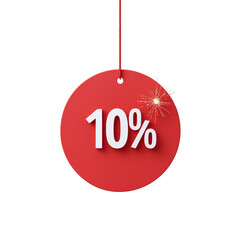 Festive red hanging tag with 10 percent discount and sparkle