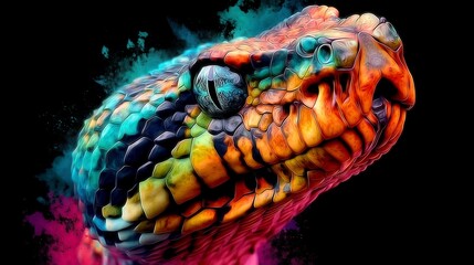 Fototapeta premium Colorful Anaconda Portrait Abstract Serpent Head with Vivid Neon Spectrum