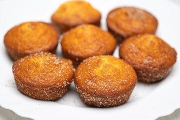 Sweet Cinnamon Sugar Coated Vanilla Muffins on Plate – Fresh Baked Treats