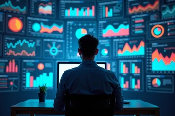 Immersed in Data: Business Data Analyst surrounded by vibrant visualizations and graphs in virtual data maze